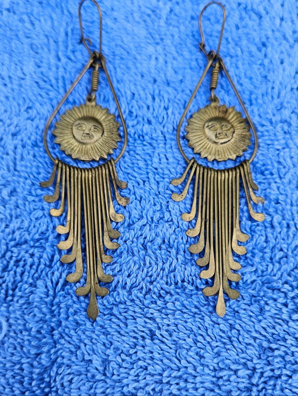 Vintage Boho Brass Coin Chain Necklace & Sun Face Chandelier Earring Set - Picture 3 of 8